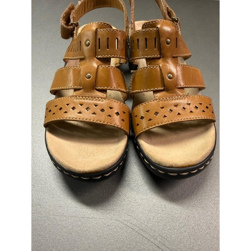 Clarks Collection Tan Brown Leather Strappy Wedge Sandals Laser Cut 26146492 6M